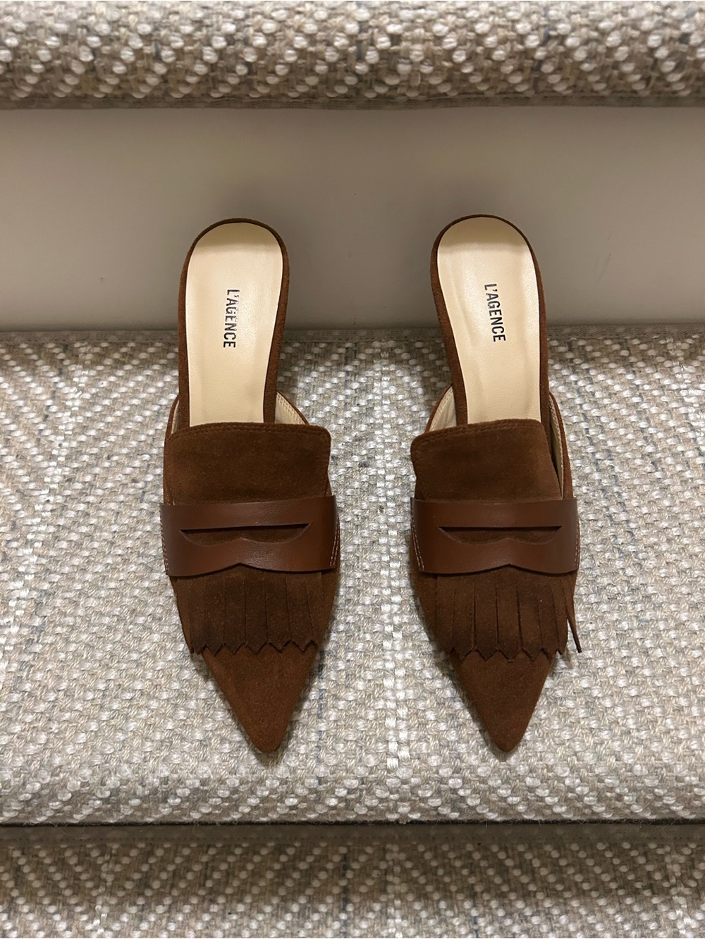 L'AGENCE Brown Suede Pointed Kiltie Mule Heels - Picture 2 of 3